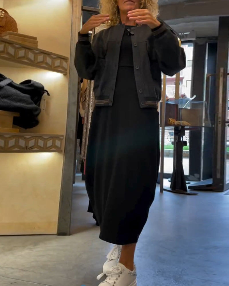 Round Neck Long Sleeve Pocket Cocoon Midi Dress