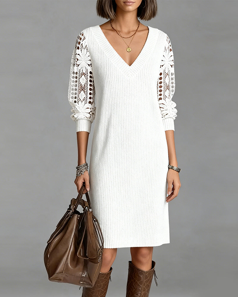 White V-Neck Lace Sleeve Ribbed Knit Long Sleeve Sweater Midi Dress