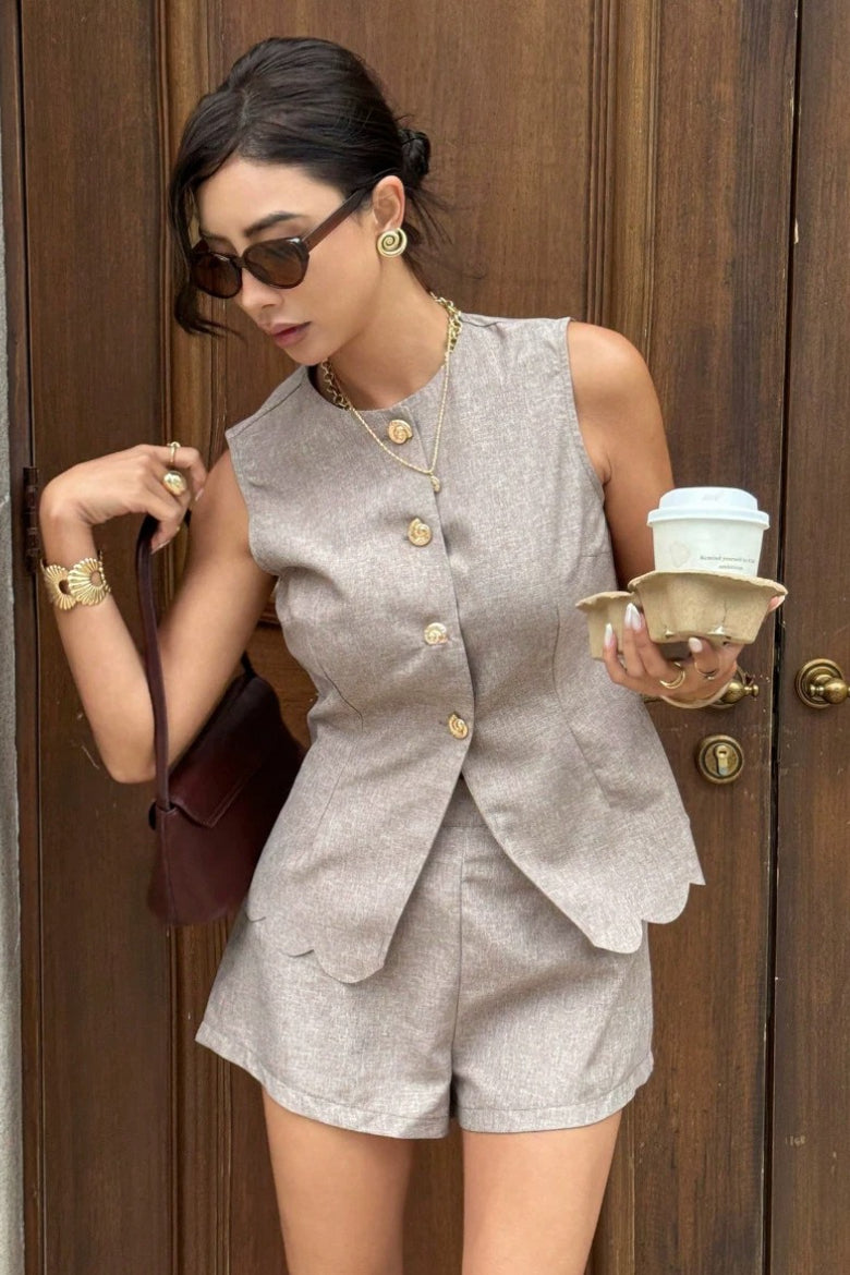 Button Sleeveless Vest Short Two Piece Work Set