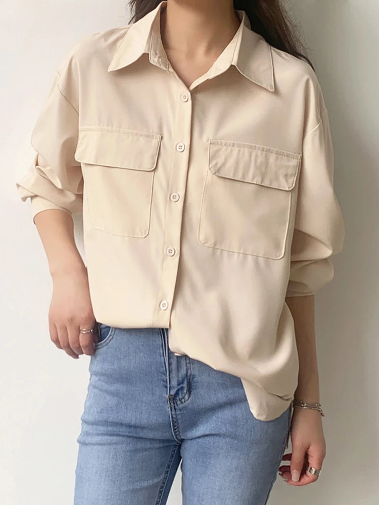 Solid Harajuku Lapel Blouse Casual Blouse Beige / S blouse-250126