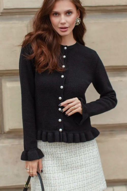 Crew Neck Layered Trim Long Sleeve Casual Knit Cardigan