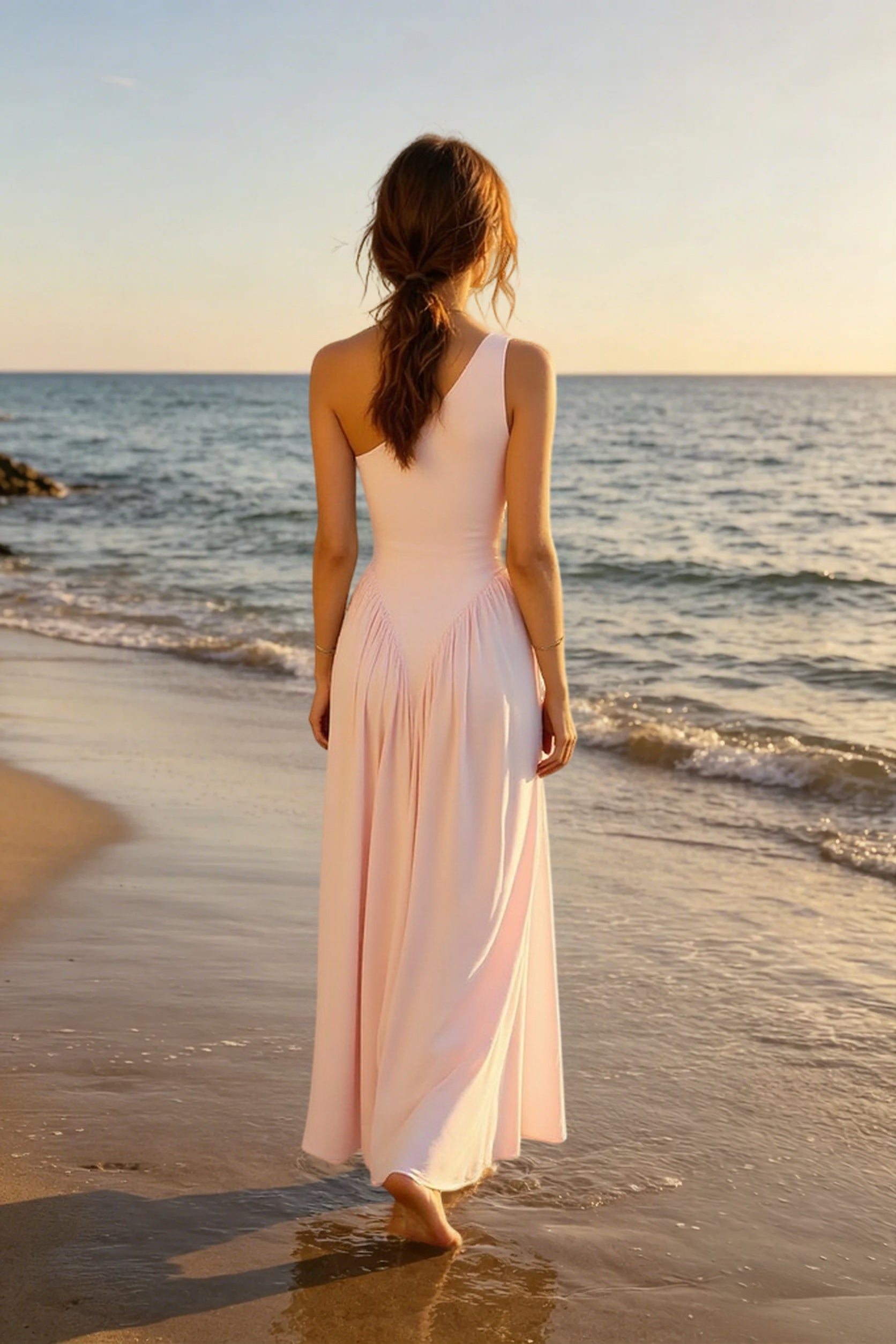 Solid One Shoulder Ruched Maxi A Line Party Dress