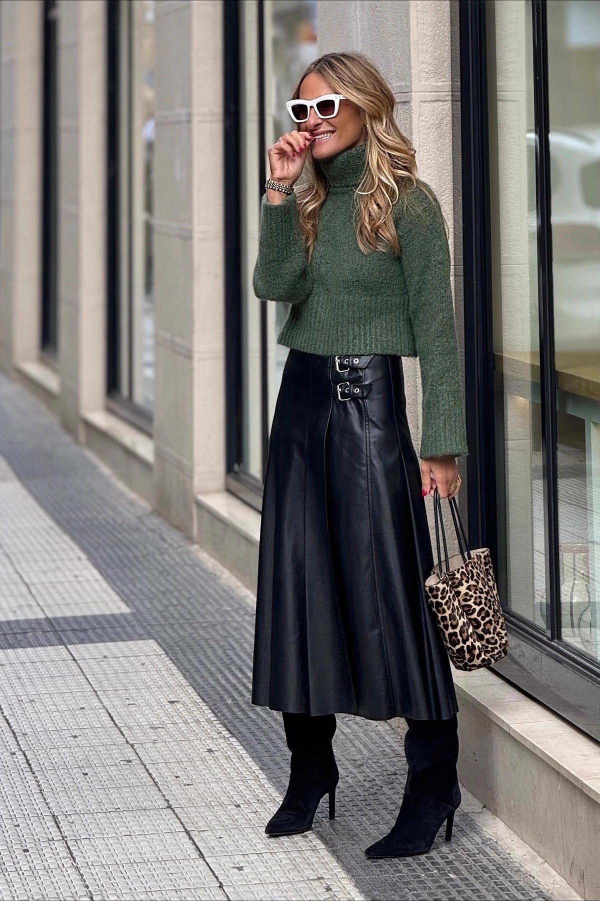 PU Leather Shirred ALine Skirt
