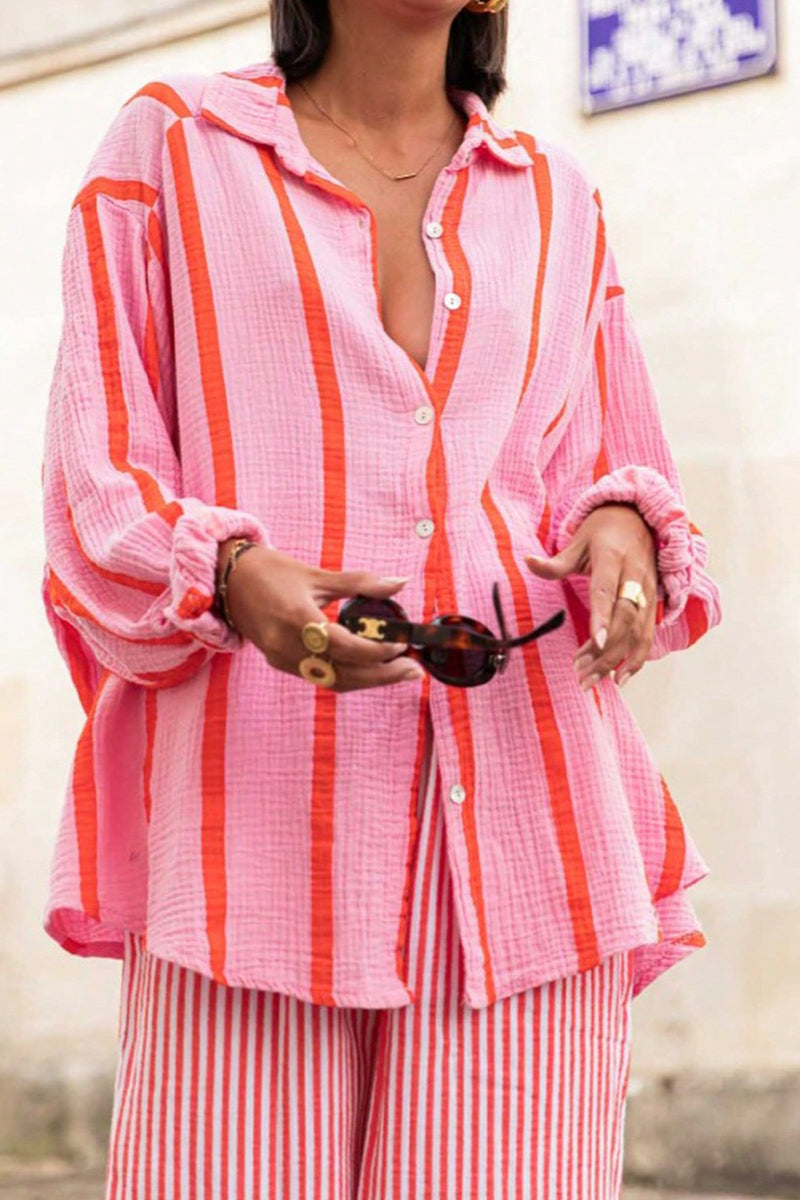 Striped Long-Sleeve Cardigan Blouse