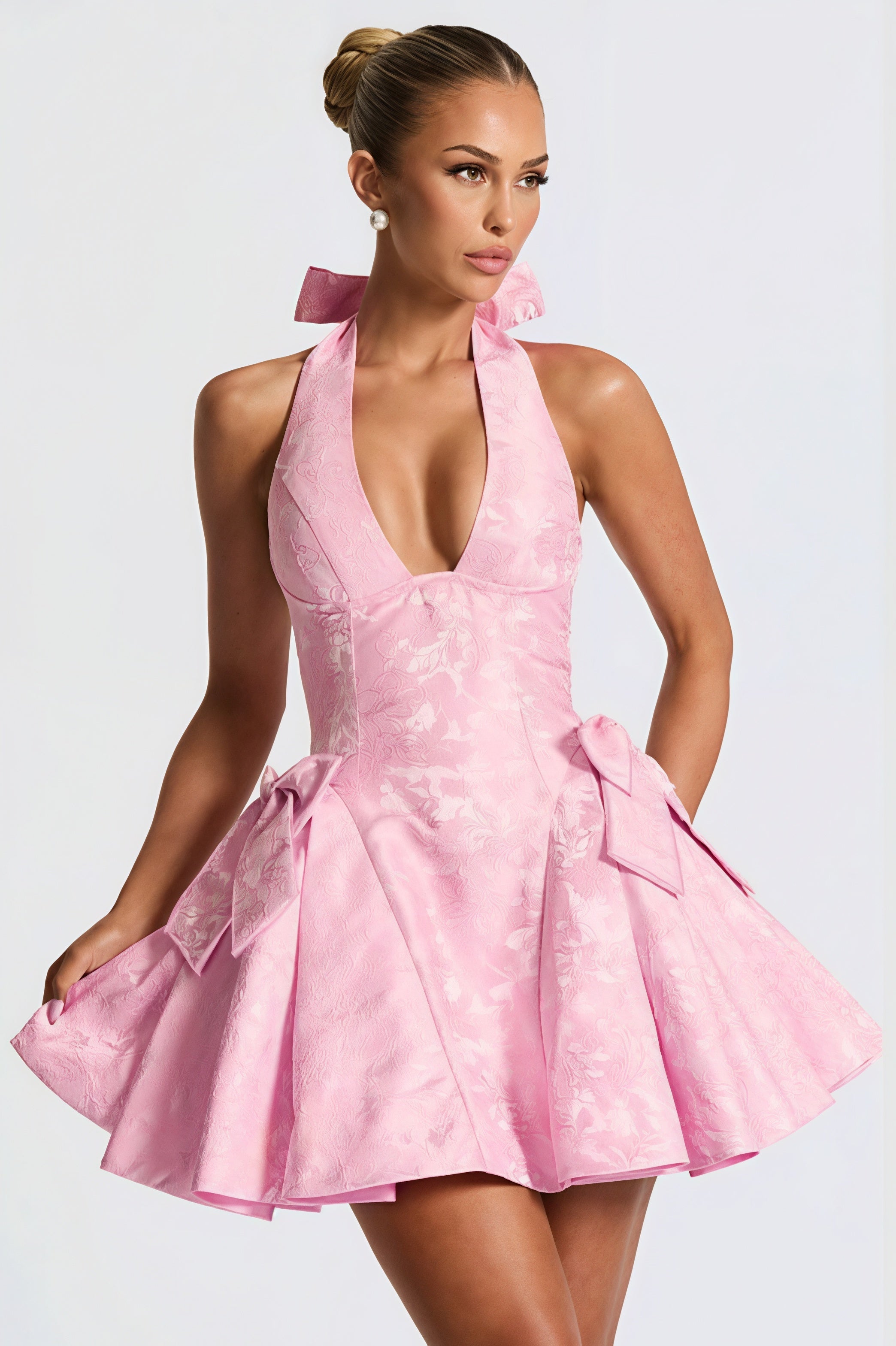 Pink Halter Deep V Neck Jacquard Floral Bow Detail Puff Skirt Mini Dress