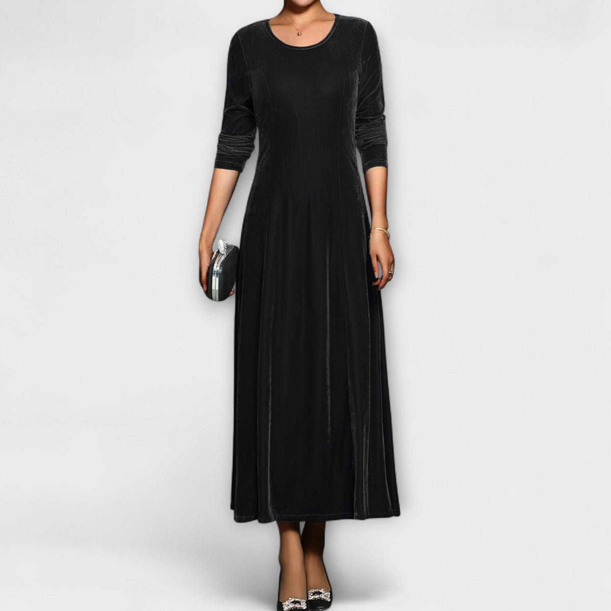 Round Neck Velvet Long Sleeve A-Line Maxi Dress