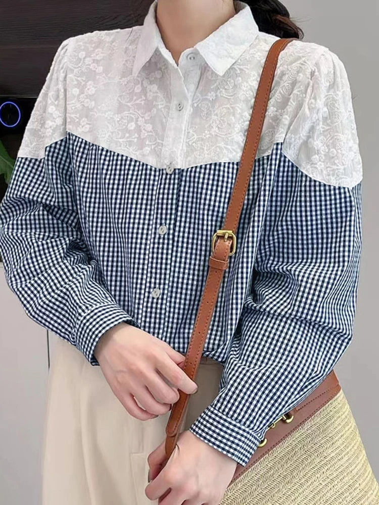 Lace Stitching Plaid Long Sleeve Blouse Bohemian Blouse Blue / S blouse-250126