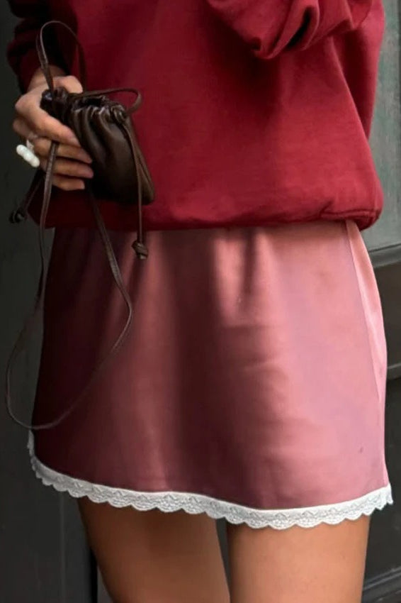 Lace Trimmed Satin ALine Mini Skirt