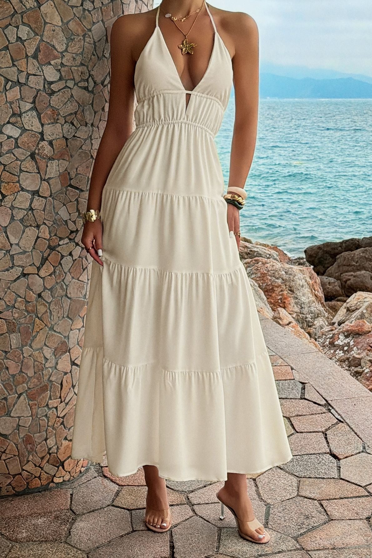 Deep V Neck Halter Smocked Waist Tiered Maxi Dress 6