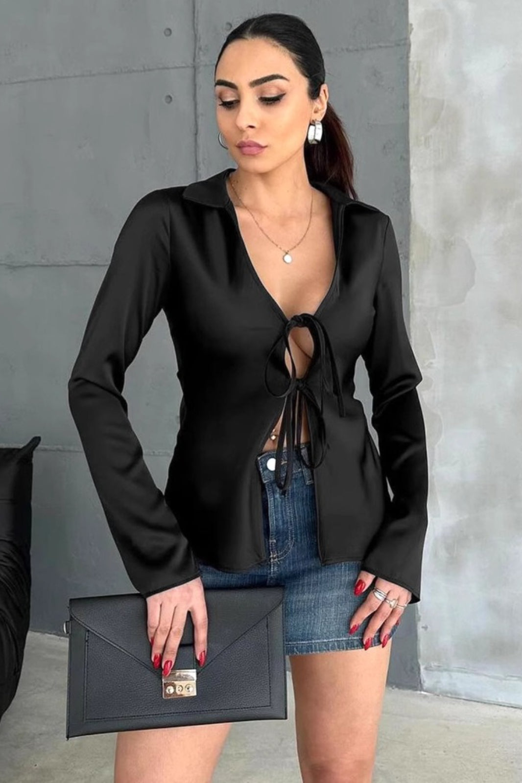 Satin Tie Front Blouse