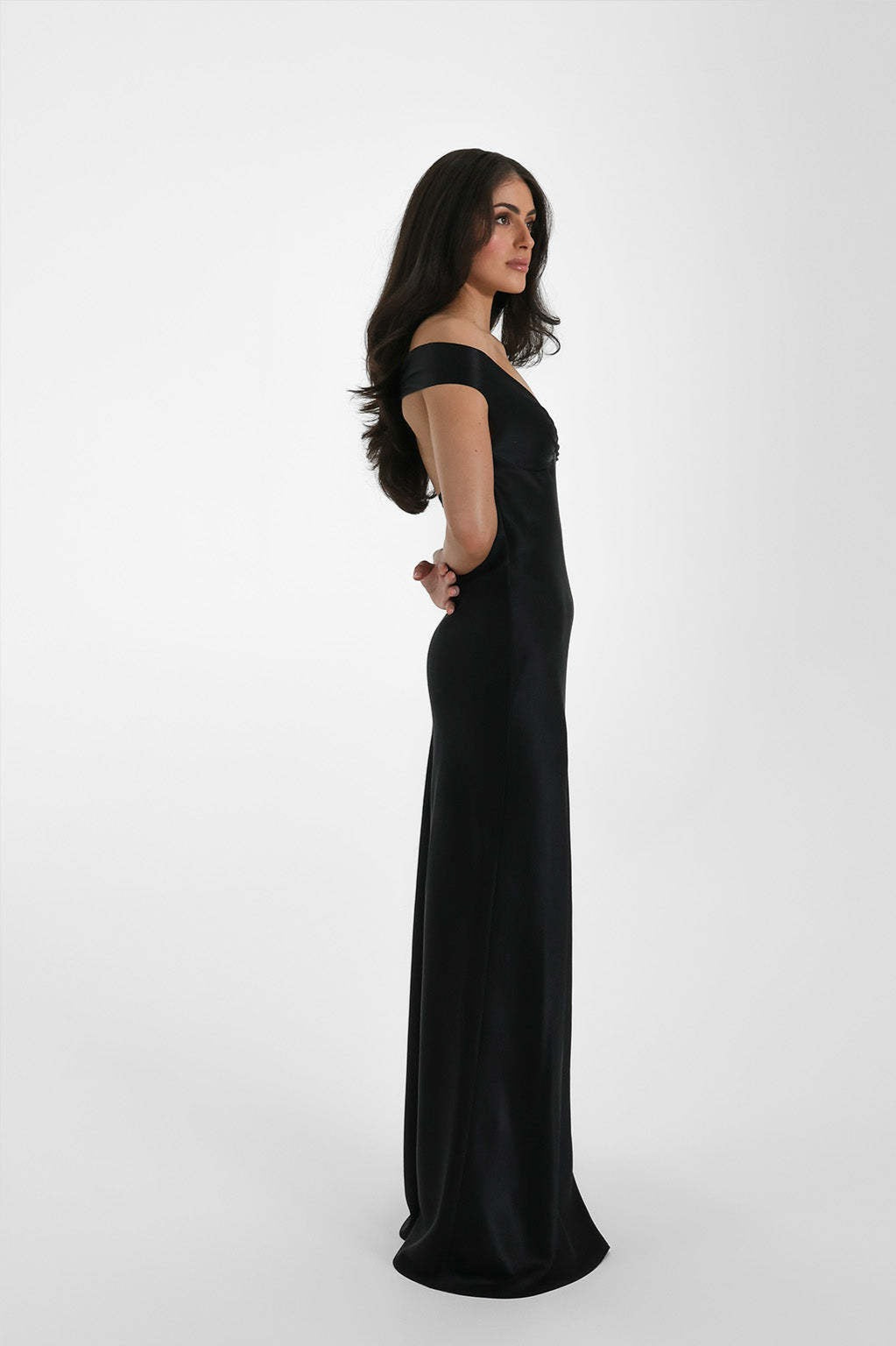 Satin Off-Shoulder Fishtail Maxi Party Dress