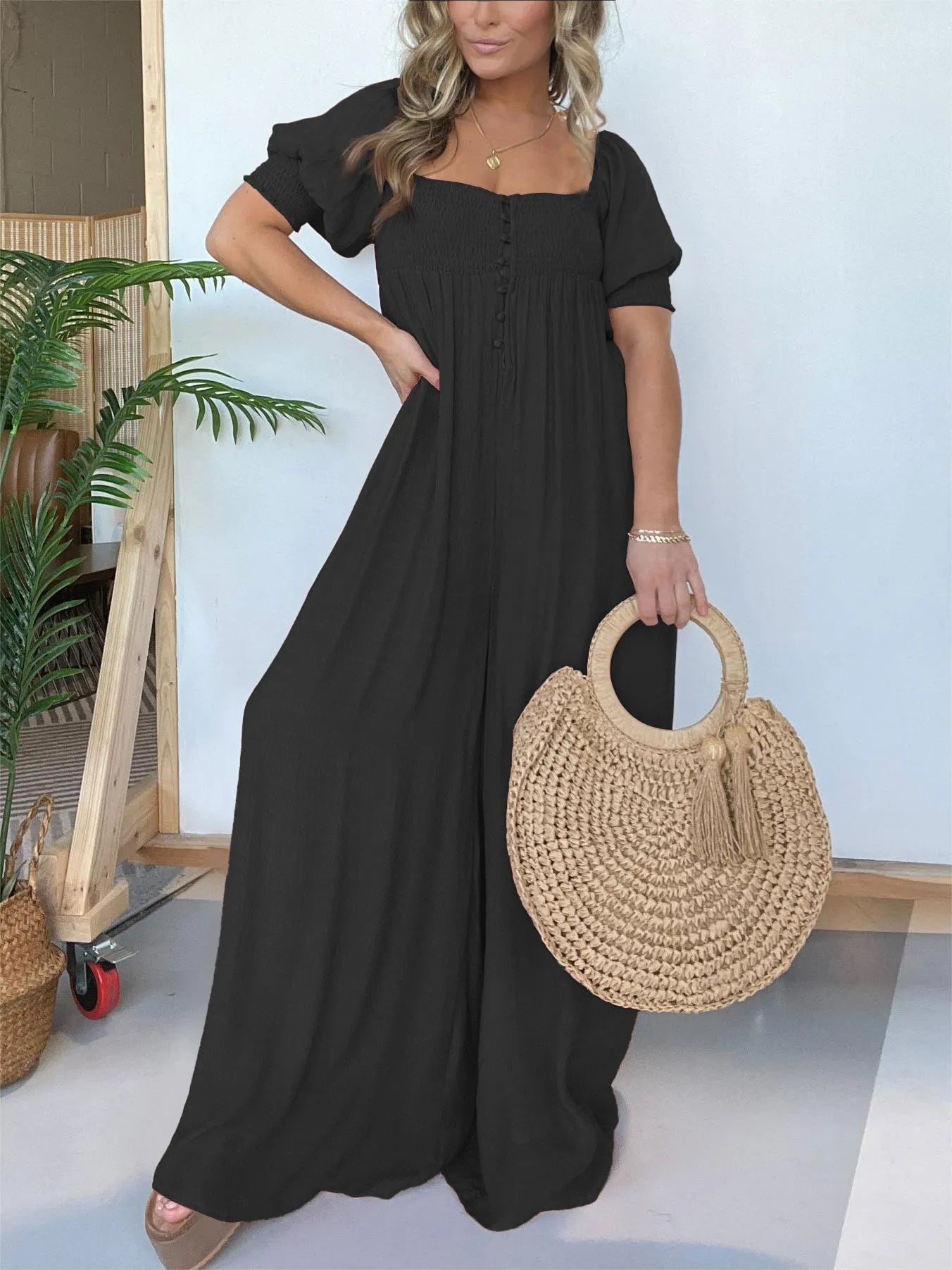 Square Neckline Jumpsuit With Smocked Bodice Button