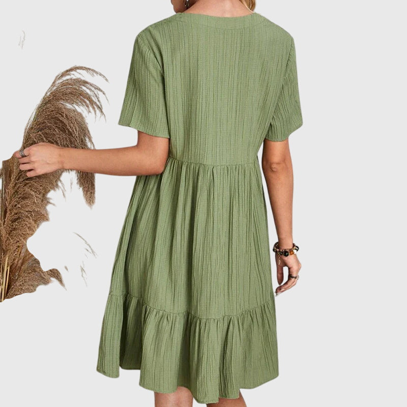 V-Neck Short Sleeve Textured Ruffle Hem Babydoll Mini Dress