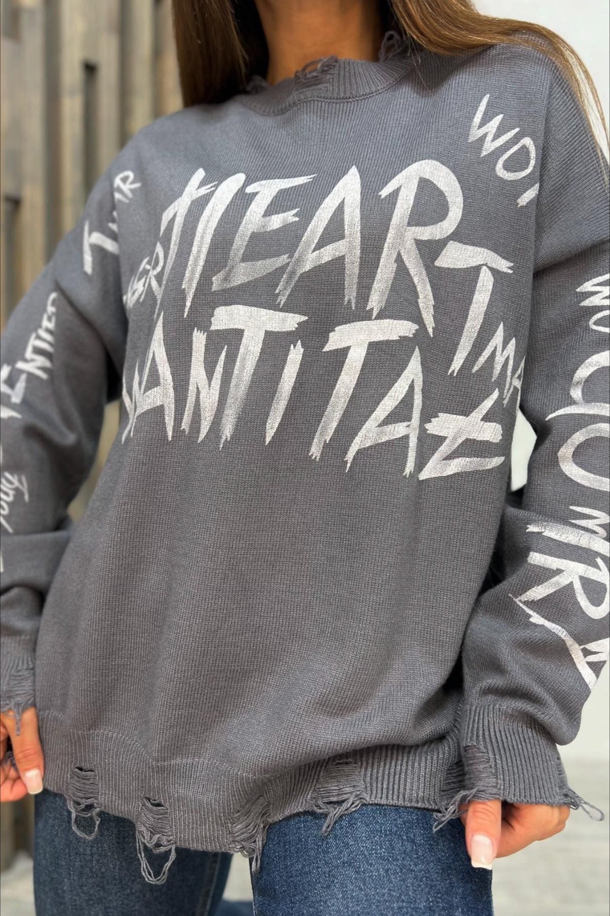 Loose Graffiti Letter Print Mid-Length Knit Sweater