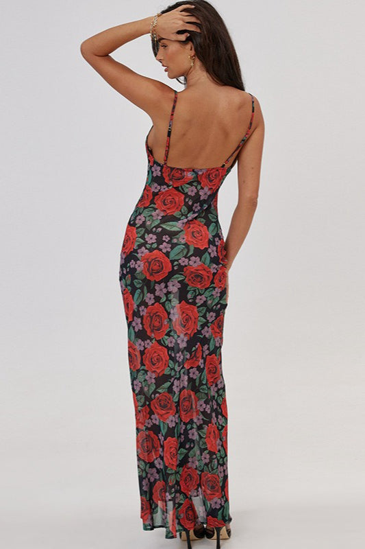 Red Spaghetti Strap Cowl Neck Floral Print Bodycon Maxi Dress 4
