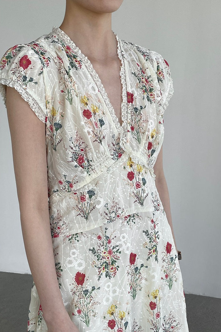 Elegant V Neck Embroidery Waist Long Floral Dress