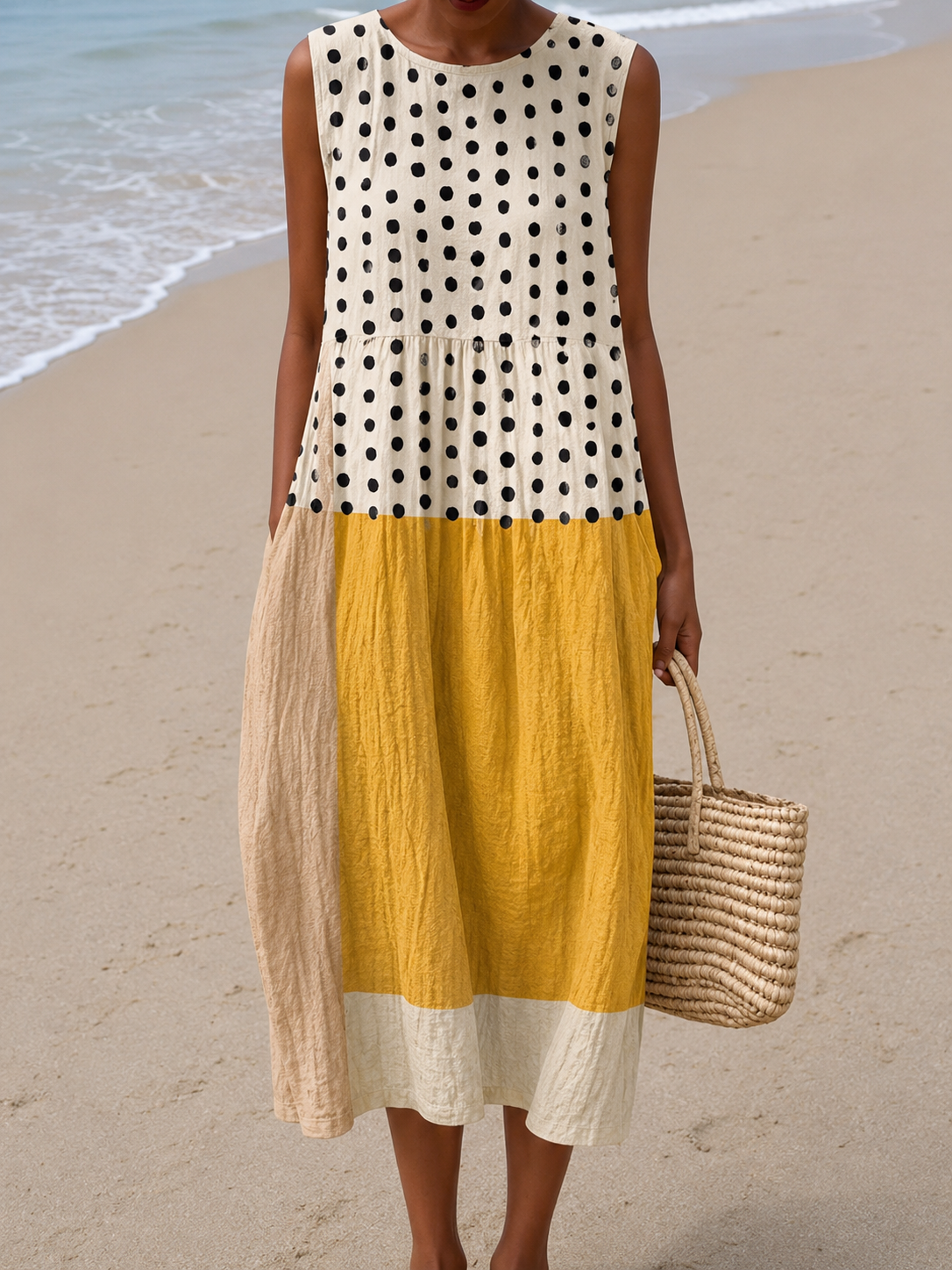 Multicolor Round Neck Polka Dot Colorblock Tiered Midi Dress