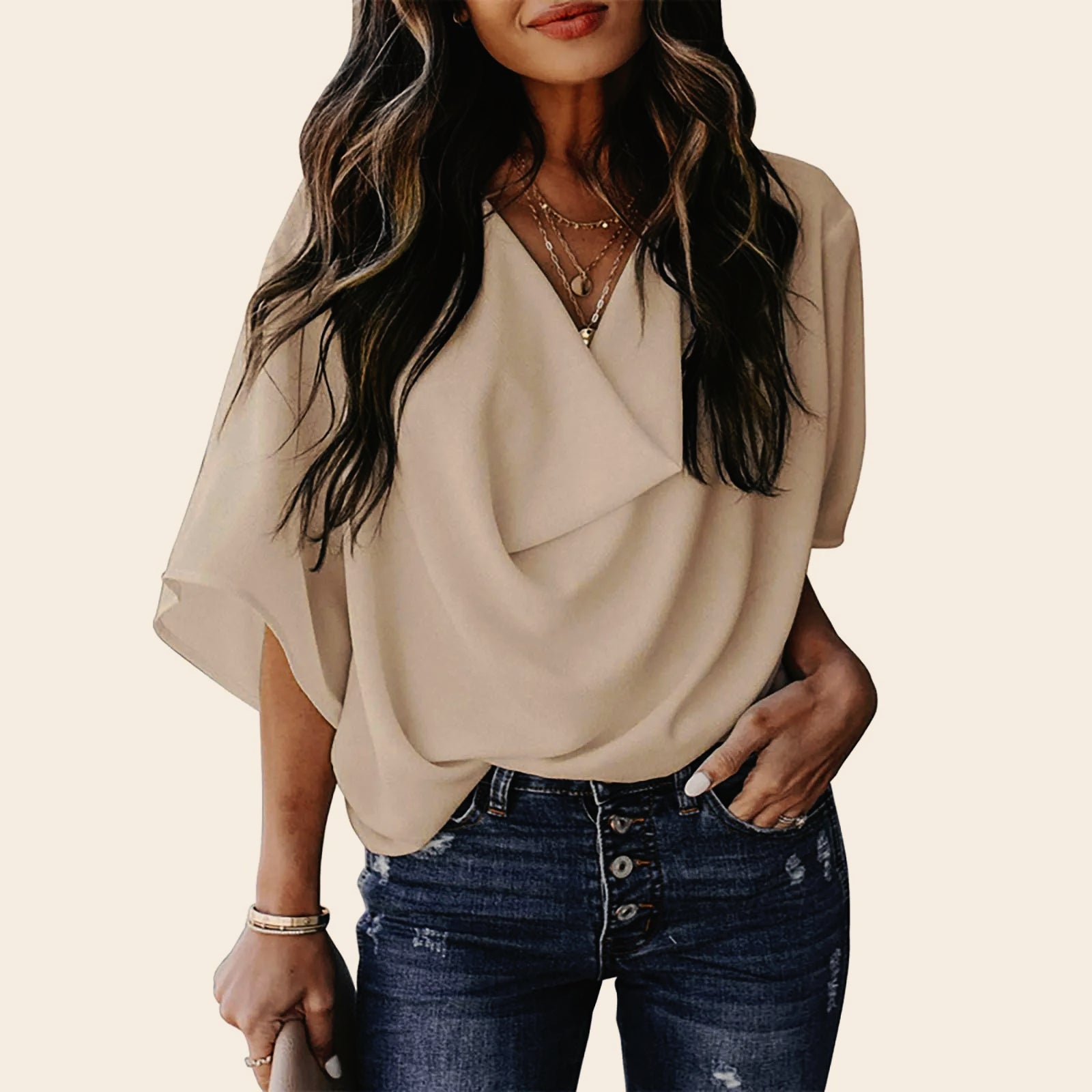 Women's Chiffon Vneck Loose Casual Mid Sleeve Blouse