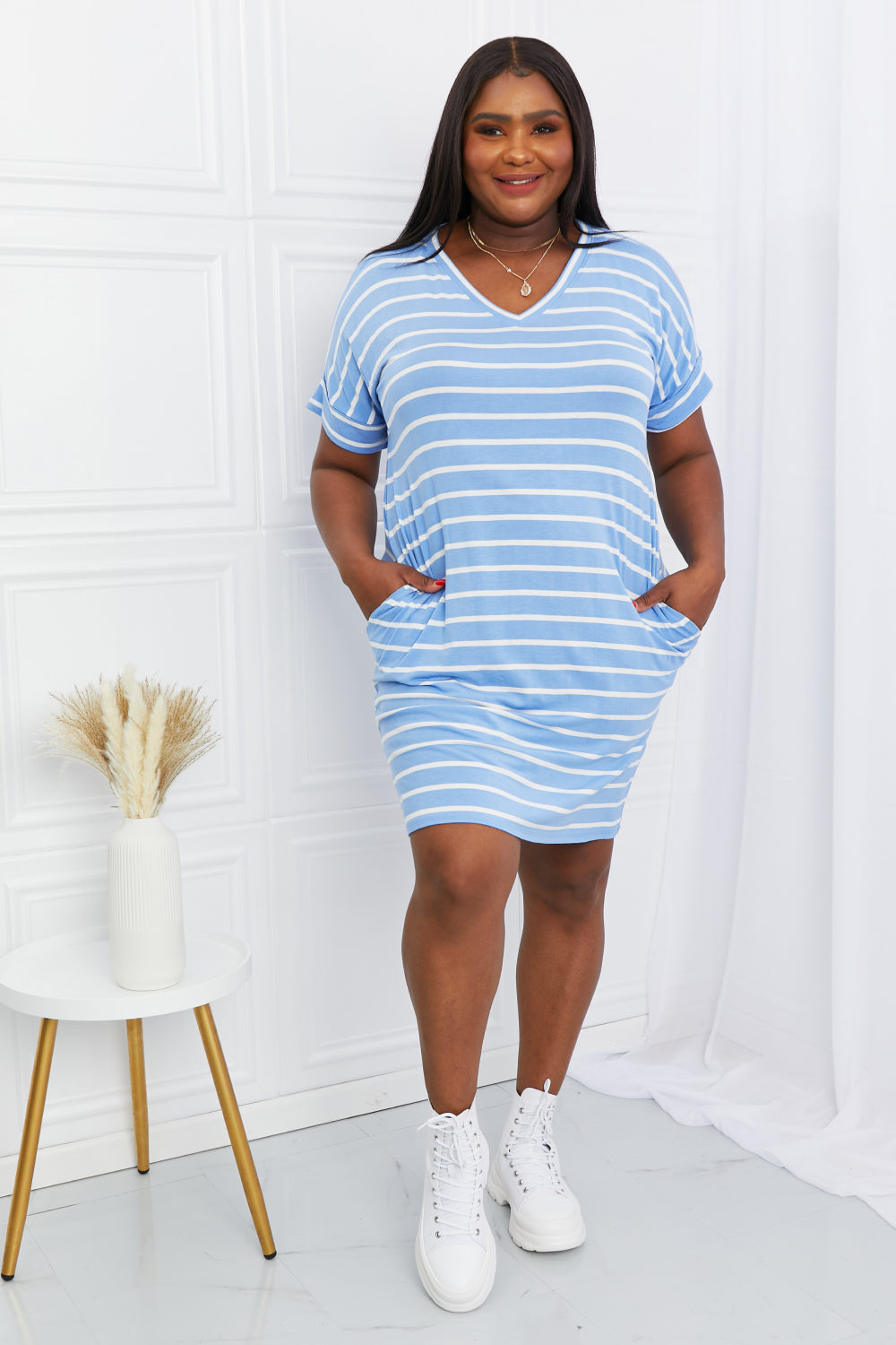 Spring Blue V-Neck Striped Short Sleeve Shift Midi Dress