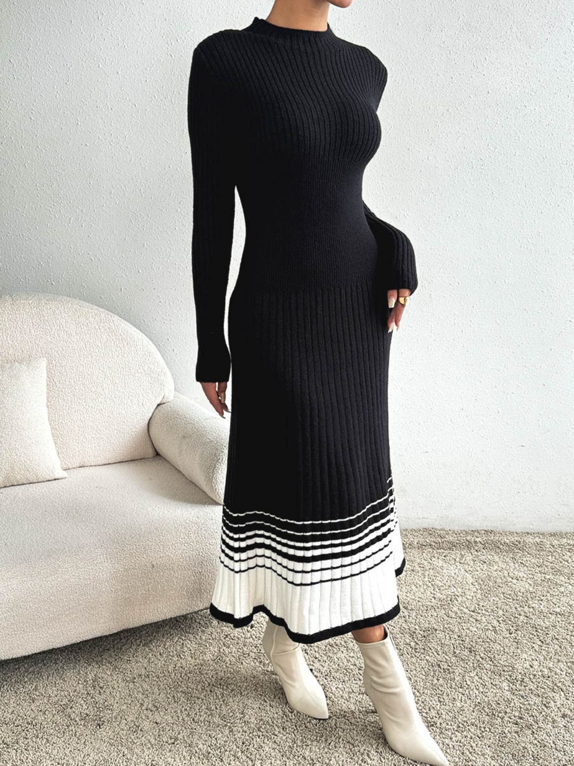 Cristina Contrasting Colored Sweater Relaxed Dress with Premium Casual Styling