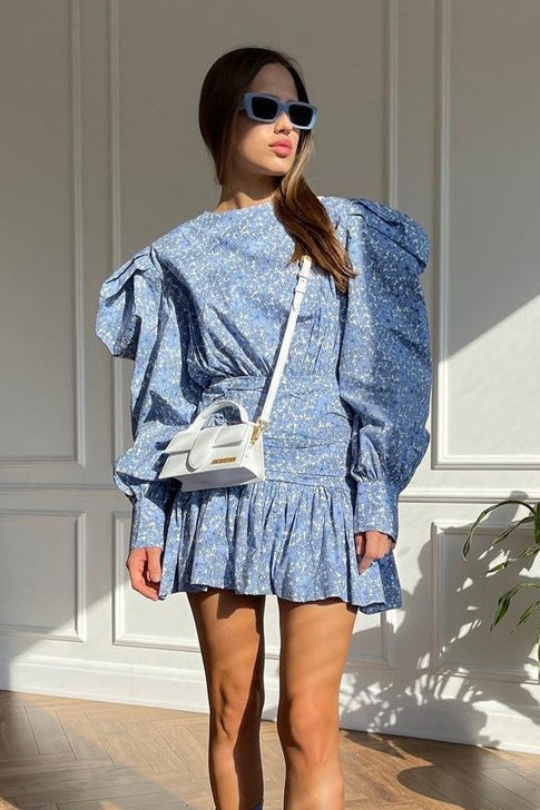 Long Sleeve Pleated Waist Short Floral Dress