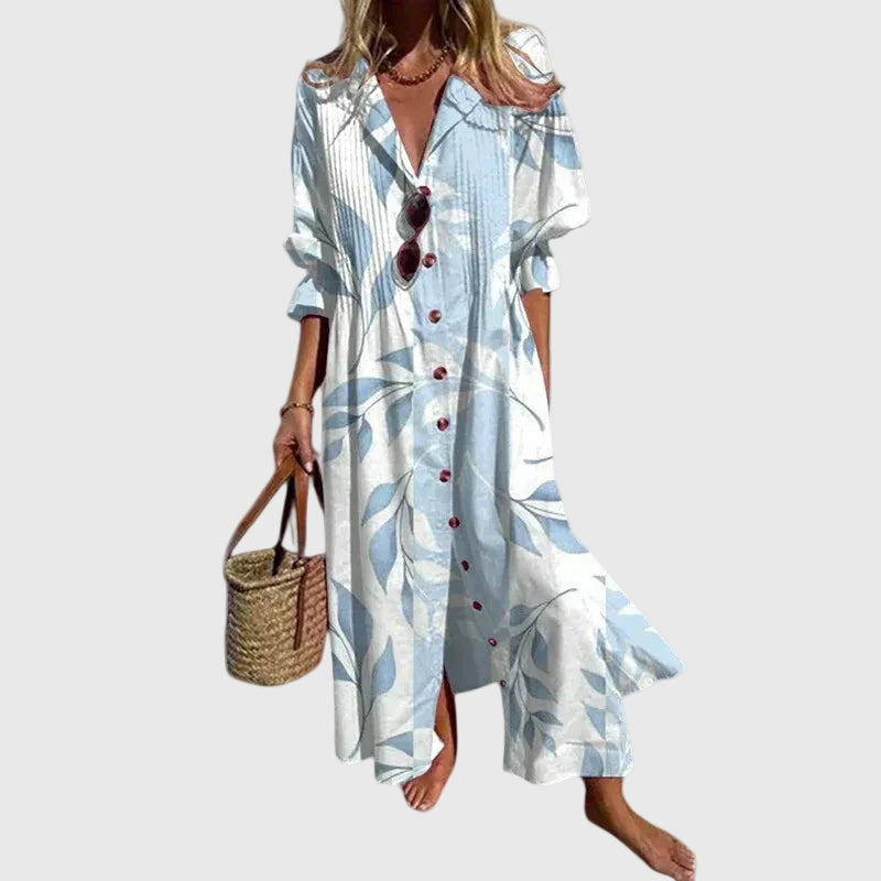 V-Neck Watercolor Floral Long Sleeve Tiered Boho Maxi Dress