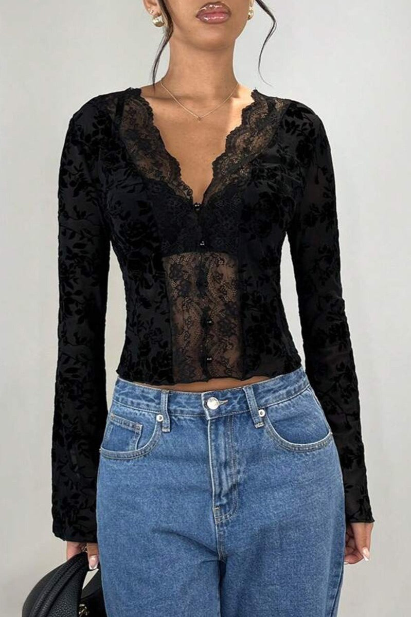 Leopard Print Lace-Paneled Sexy Blouse