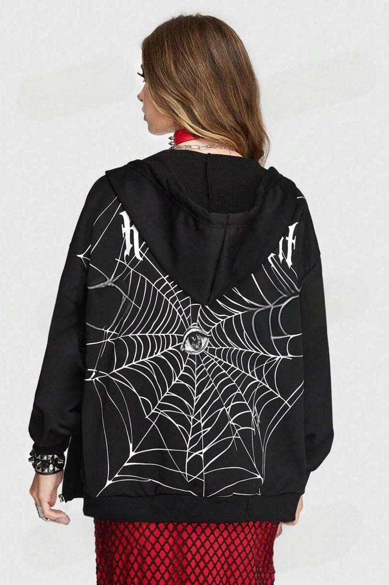 Spider Web Letter Print Punk Zip Hoodie