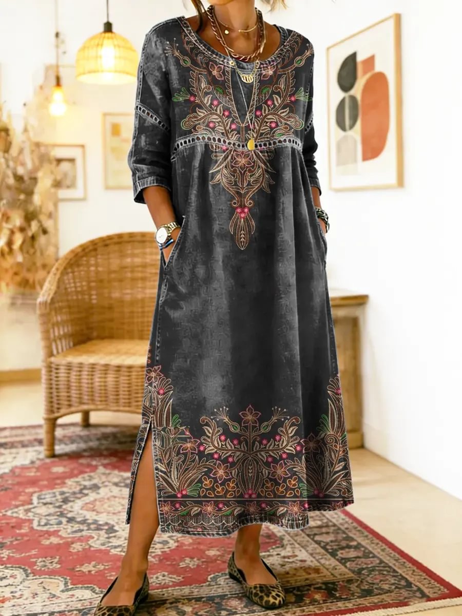Black Round Neck Bohemian Floral Border Print Side Slit Maxi Dress
