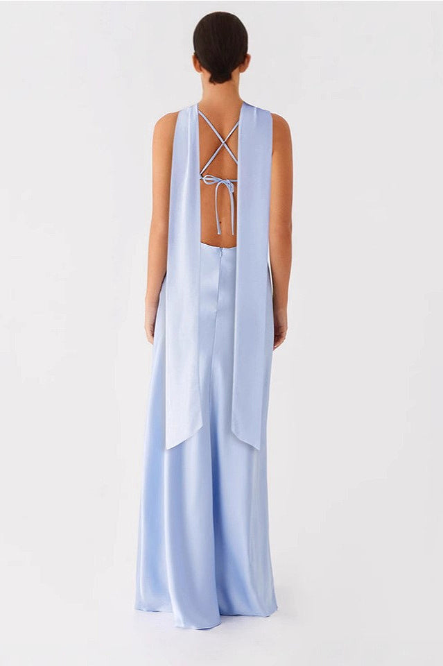 Satin V-Neck Tie-Back Maxi Luxury Party Dress