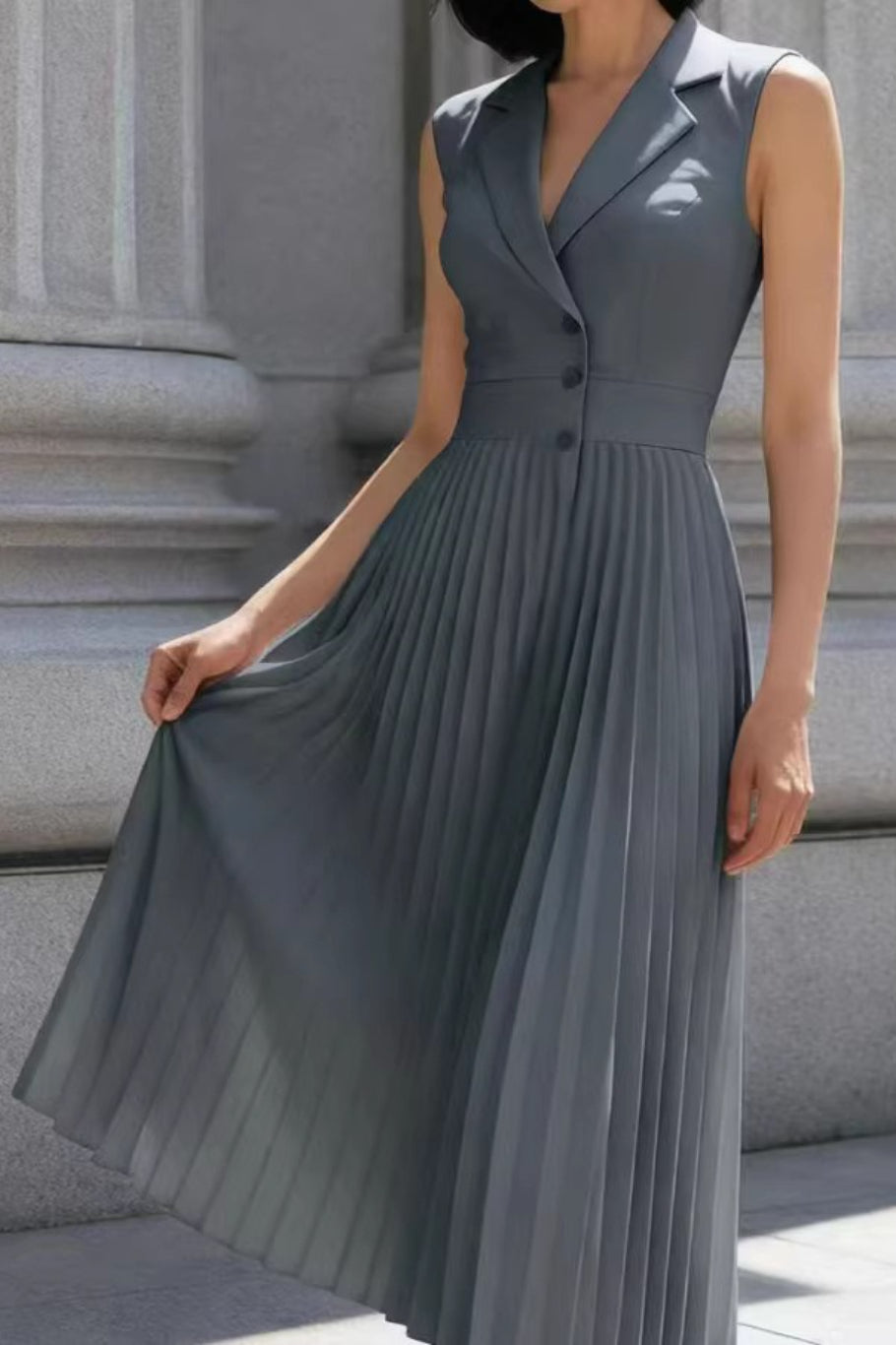 Ruched Ice Silk Lapel High Waist Work Dress