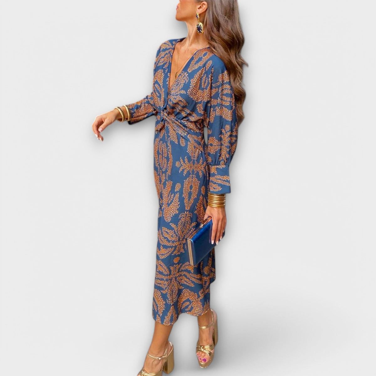 Deep V-Neck Twist Front Printed Long Sleeve Bodycon Midi Dress