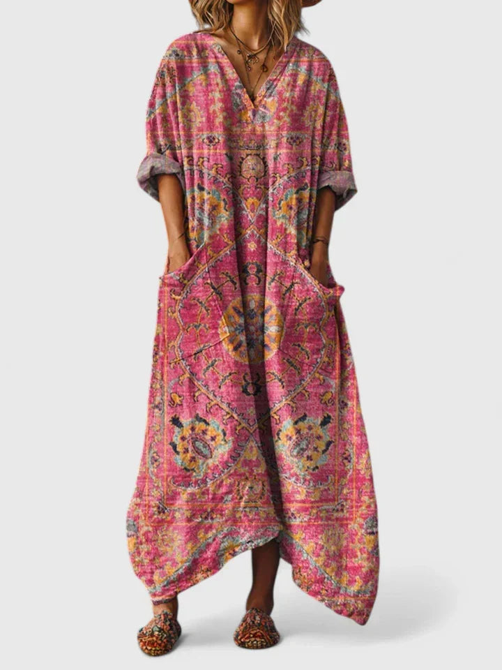 V-Neck Floral Embroidered Linen Pocket Loose Maxi Dress 4