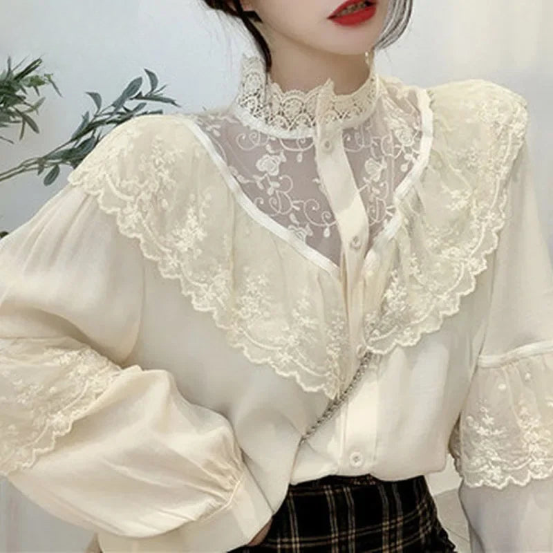 Lace Up Ruffled Sweet Loose Spring Blouse Apricot / S blouse-250126