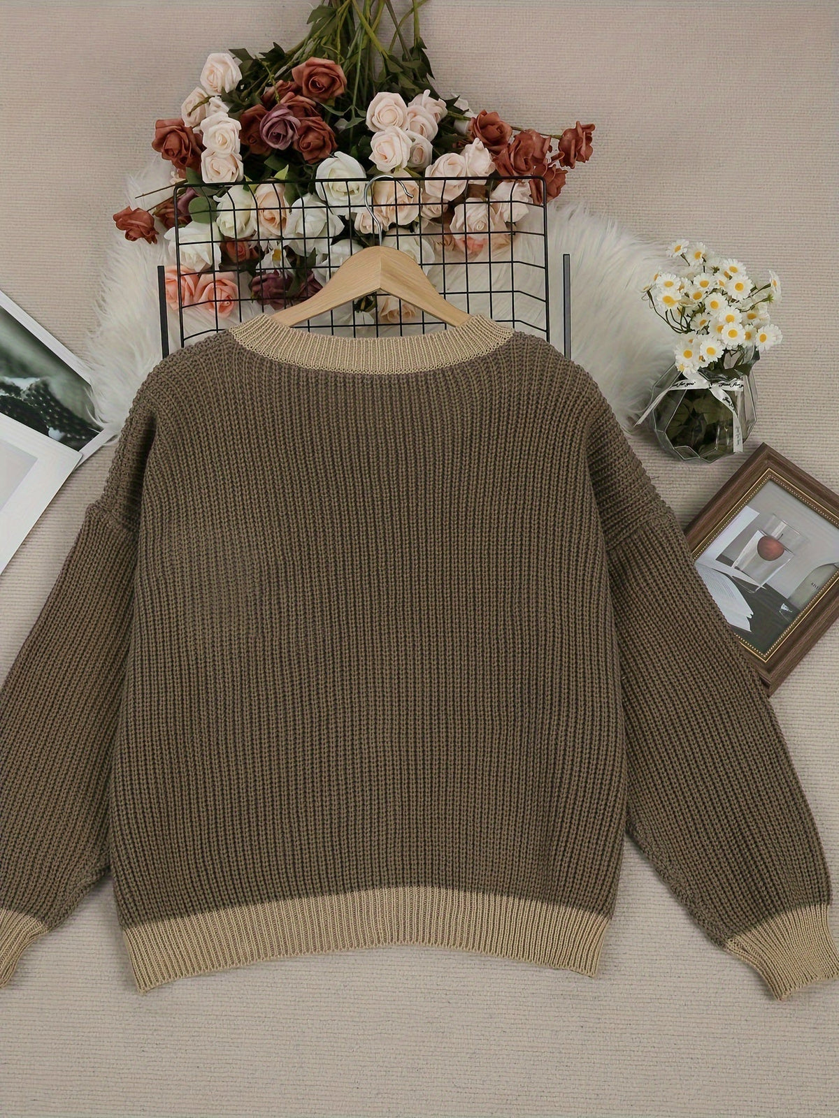 Dark Brown Round Neck Waffle Knit Lace Pocket Button Front Long Sleeve Cardigan