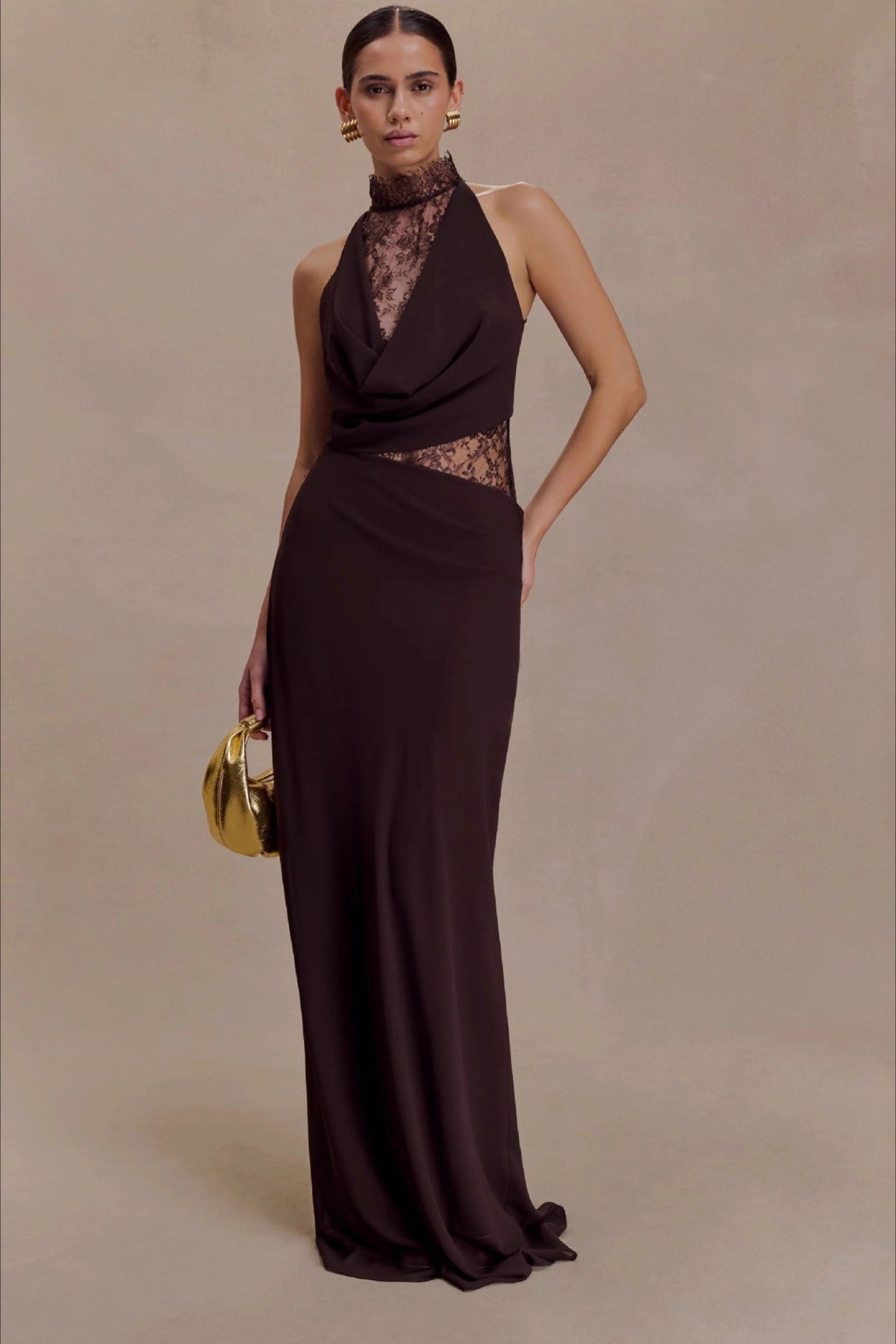 Brown Halter Lace Cowl Bodycon Dress 2