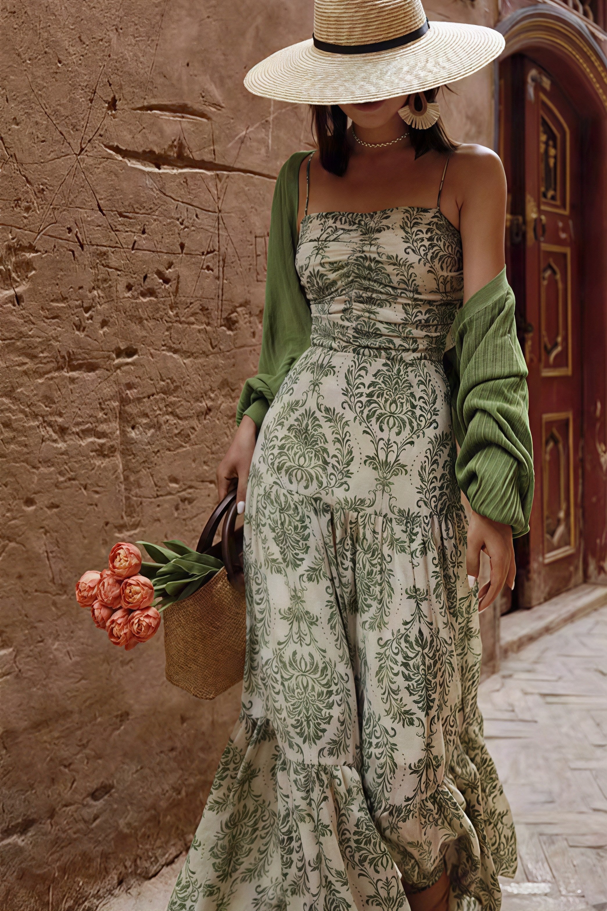 Green Spaghetti Strap Square Neck Ruched Damask Print Tiered Maxi Dress 5