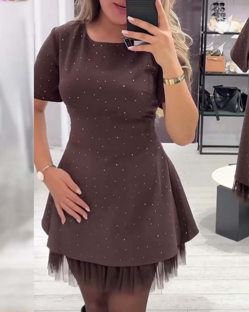 Round Neck Rhinestone Studded Short Sleeve Tulle Hem Flared Mini Dress 4