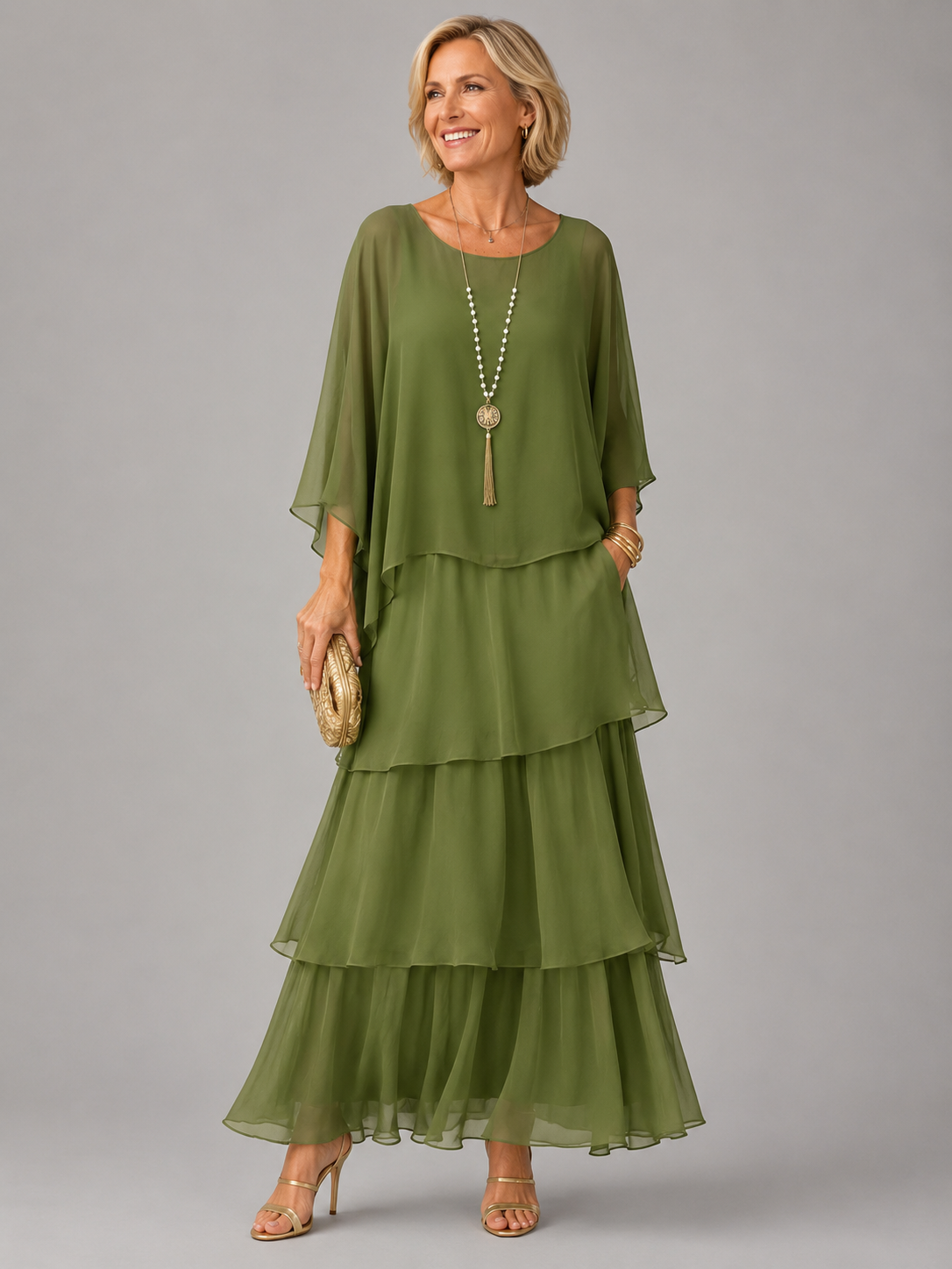 Round Neck Cape Overlay Tiered Chiffon A-Line Maxi Dress