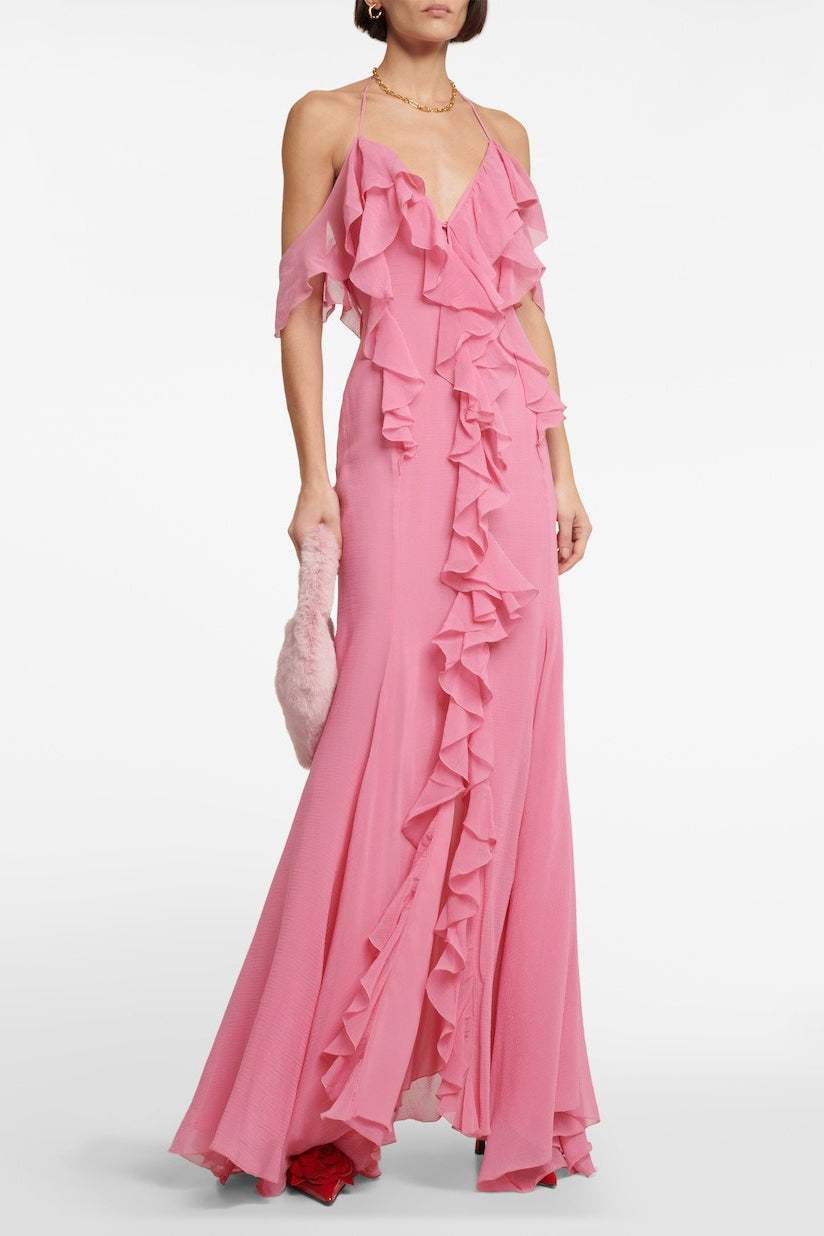 Side Slit Halter Backless Flounce Maxi Slip Dress