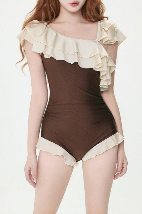 Cute Ruffled Spliced Color Block One Piece Swimwear