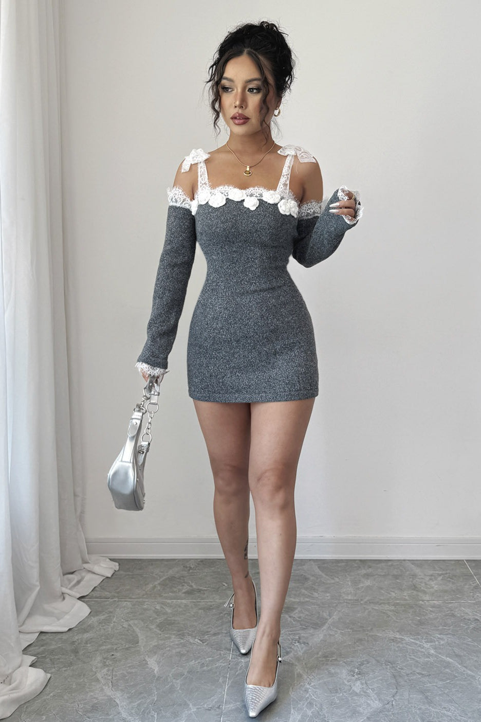 Grey Lace Trim Off Shoulder Sweater Dress 3