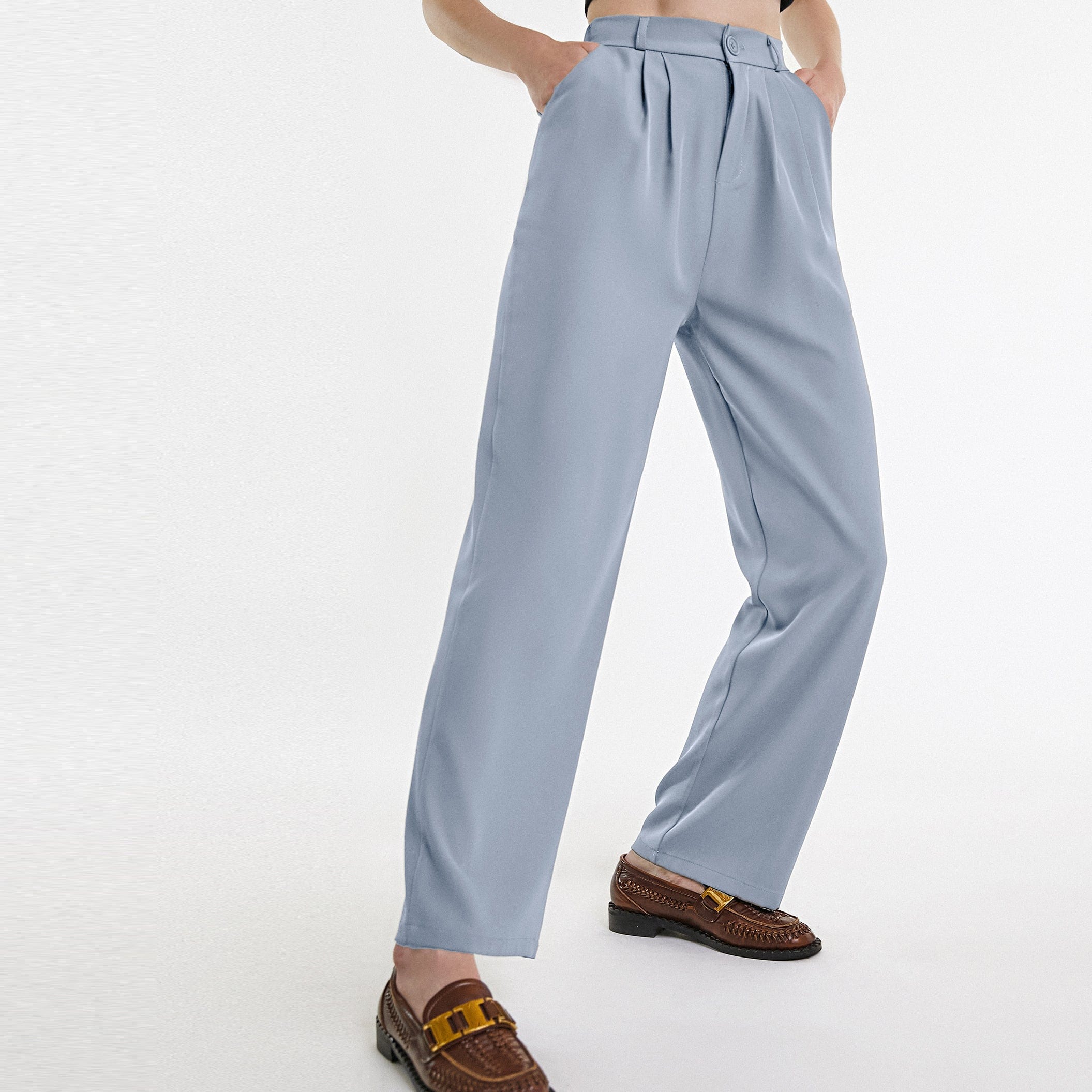 Light Steel Blue Half Elastic Pleat Detail Wide Leg Suit Pants