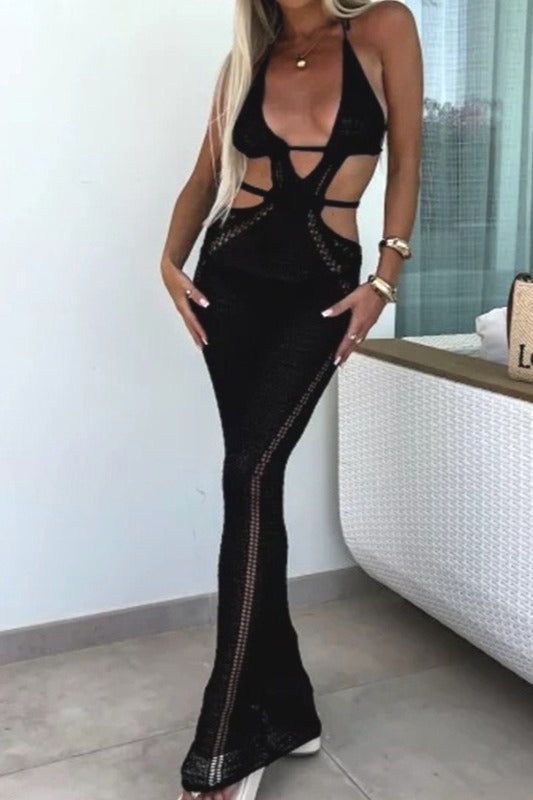 Plunging Halter Neck Crochet Waist Cut Out Open Knit Maxi Dress 10