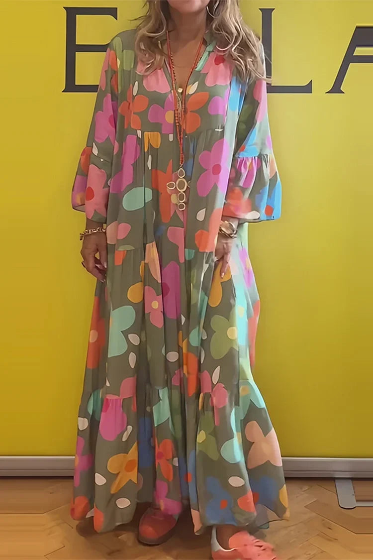 Green Long Balloon Sleeve Retro Floral Print Tiered Flowy Maxi Dress