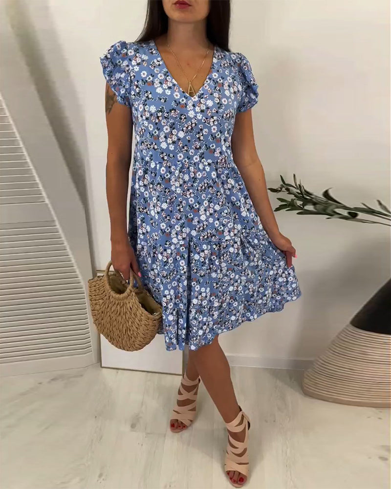 V-Neck Ditsy Floral Print Petal Sleeve A-Line Midi Dress