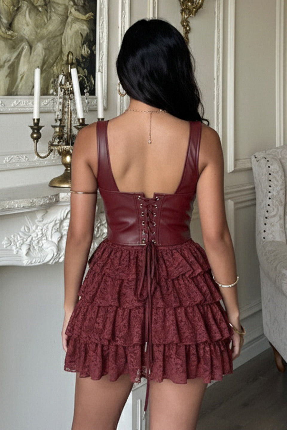 Leather Bustier Lace Panel Tutu Slip Dress