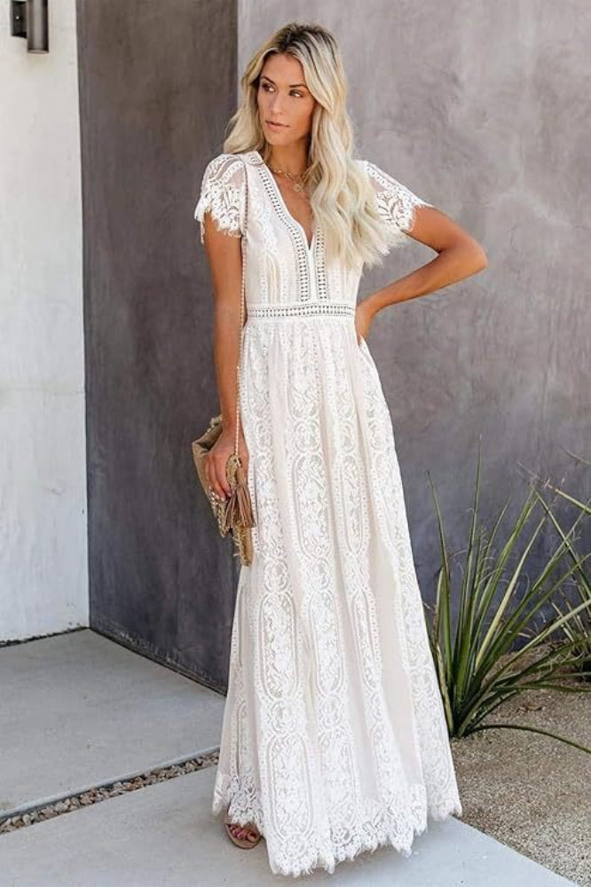 Deep V Neck Lace Cap Sleeve Empire Waist Scalloped Hem Maxi Dress 4
