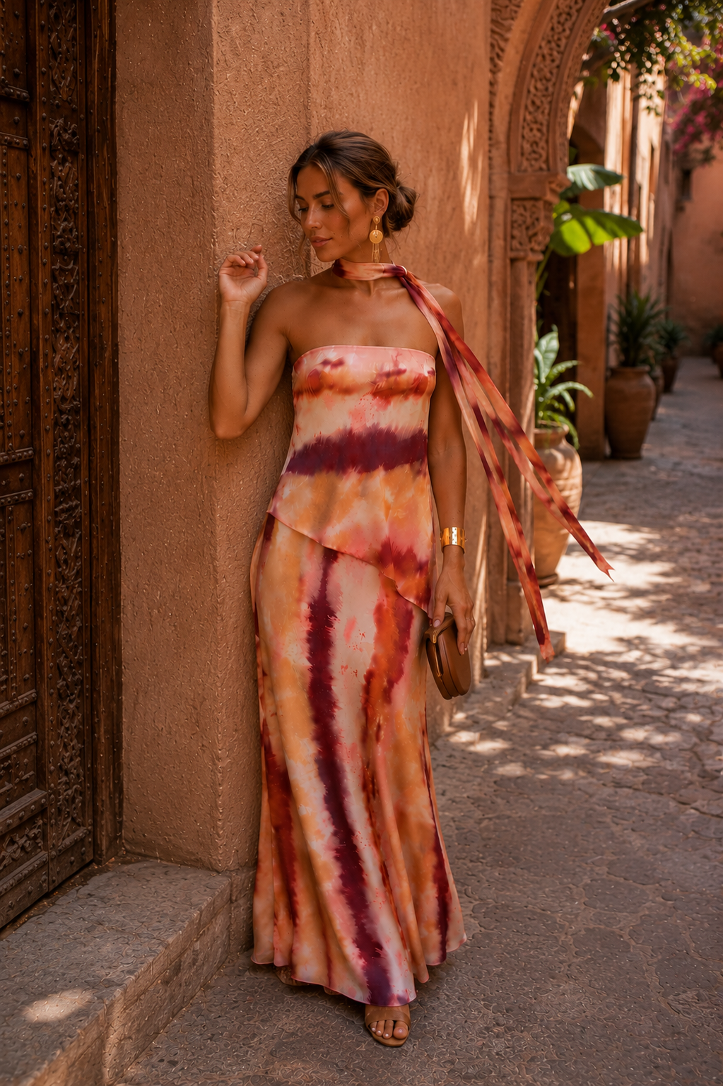 Strapless Neck Tie Tie-Dye Satin Asymmetric Tiered Maxi Dress 4