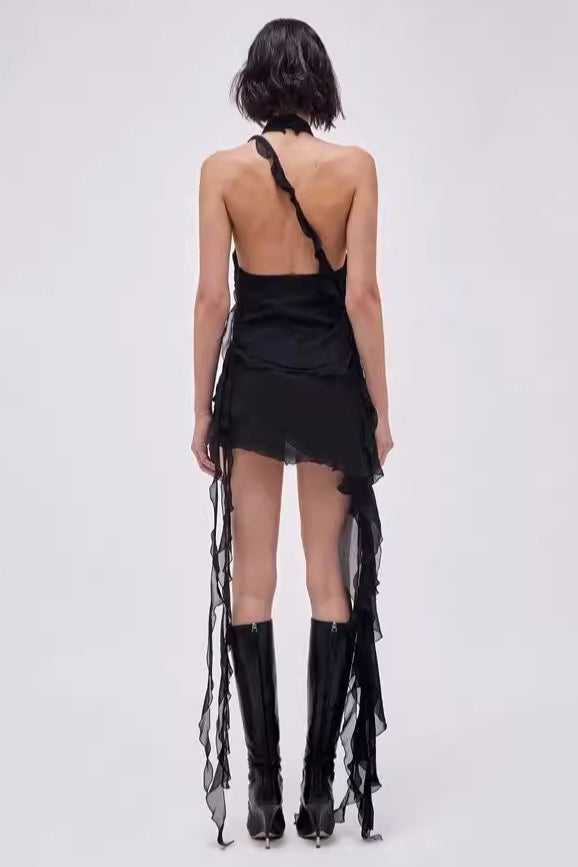 Asymmetric Rosette Applique Halter Mini Dress 2